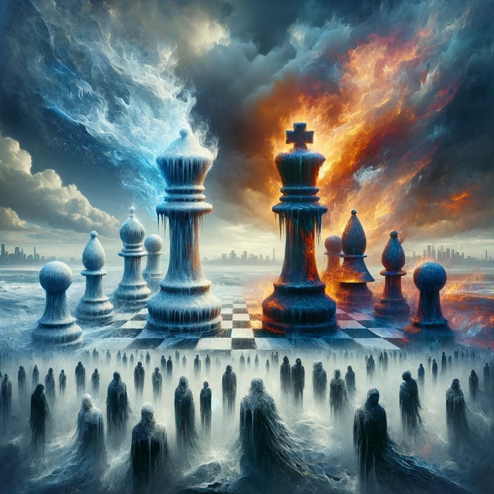 Chessboard theme with imagery based on the text of the article.  Surreal, mixed-media.