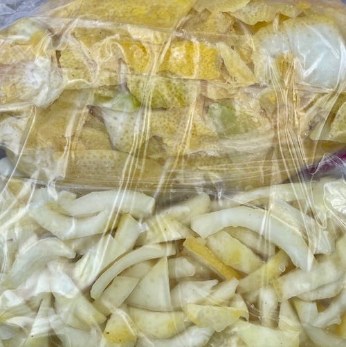 Four photos of step by step of lemon peels being prepared by separating zest from pith, slicing and placing in plastic bags to travel.