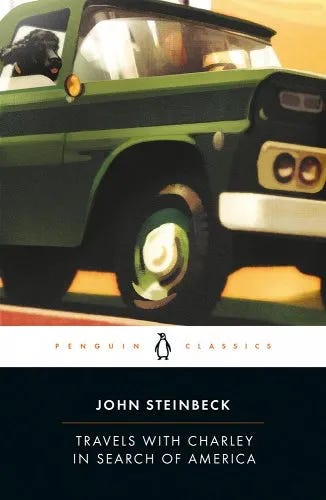 Left: John Steinbeck, left, leans against a tree outside his home in Sag Harbor, New York. His poodle, Charley, to his right, looks up at him. Cover of an early 1960s Penguin edition of Travels with Charley in Search of America. Right: A modern Penguin Classics edition of Travels with Charley. Charley holds his head out the window of Steinbeck's green pickup camper, Rocinante, as the pair cruise down the road. 