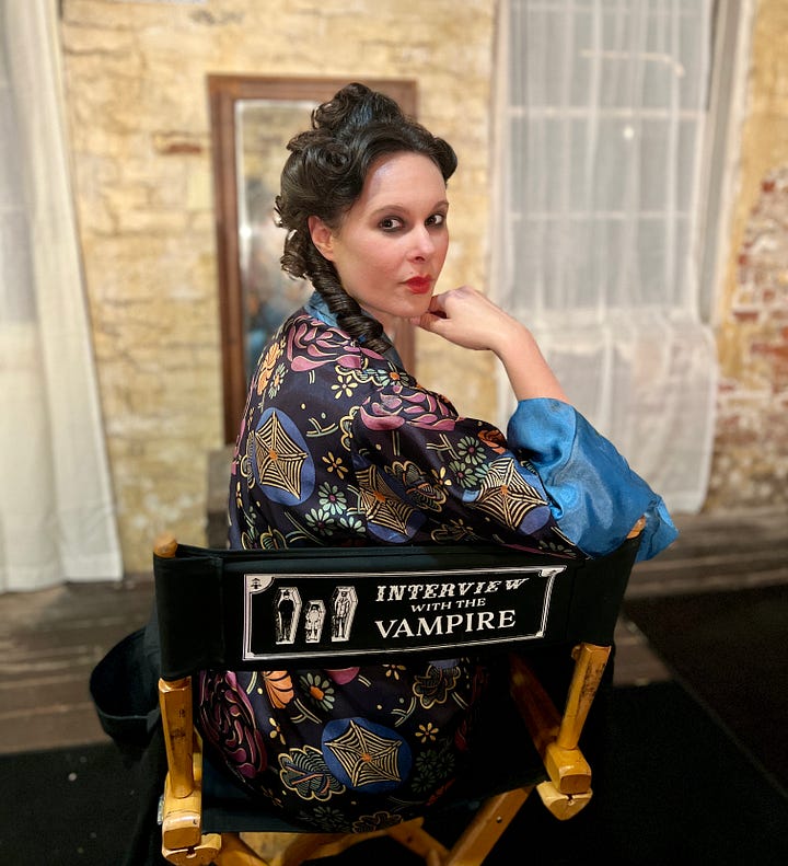 Actor Rachel Handler, brunette woman who looks about 30, appears as the character Doris in AMC's vampire series. Like Handler, Doris is an amputee. She's dressed in early 1900s garb, with per the character, brothel-style petticoats. As Doris, Handler's normal prosthetic leg is switched with a peg leg amputees at the time would have to utilize.