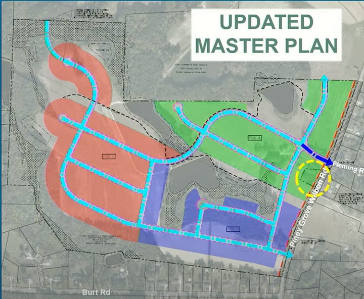 Images show the previous master plan with the gap in the road while the updated plan shows the gap is gone.