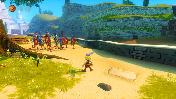 Two screenshots designed to show the new remastered graphics and the "retro" version which can be toggled on or off. Asterix faces some Roman soldiers in a hilly landscape.