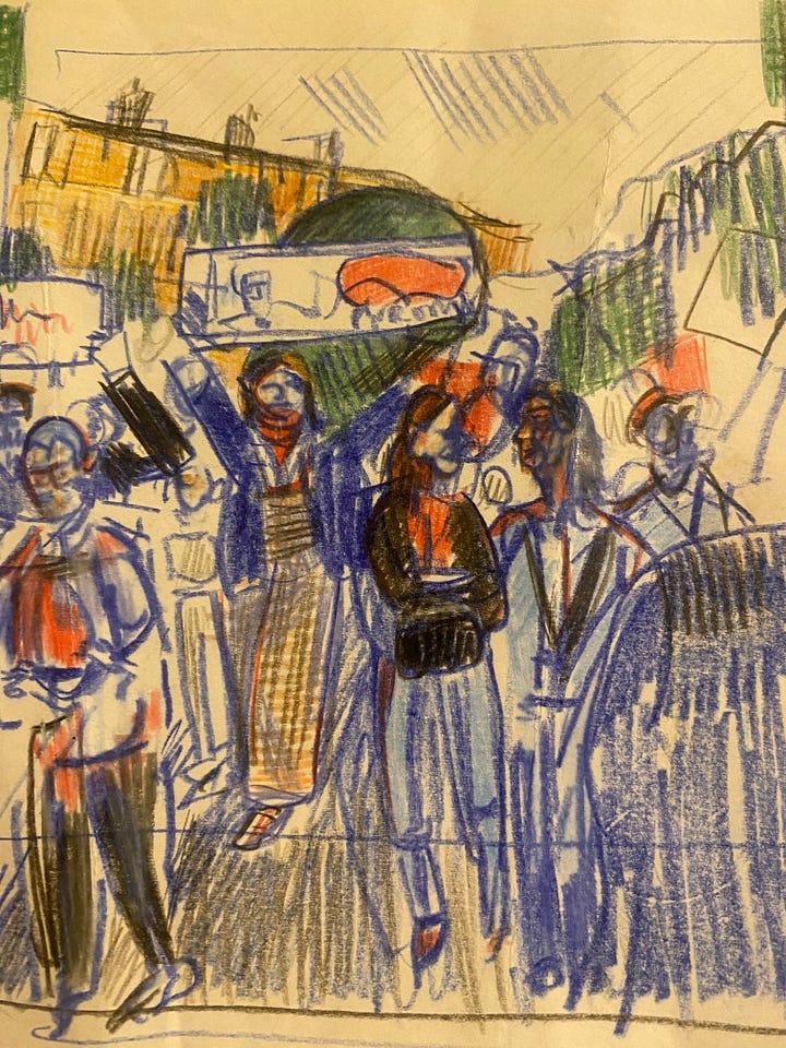 Pencil drawings of busy protests in Paris