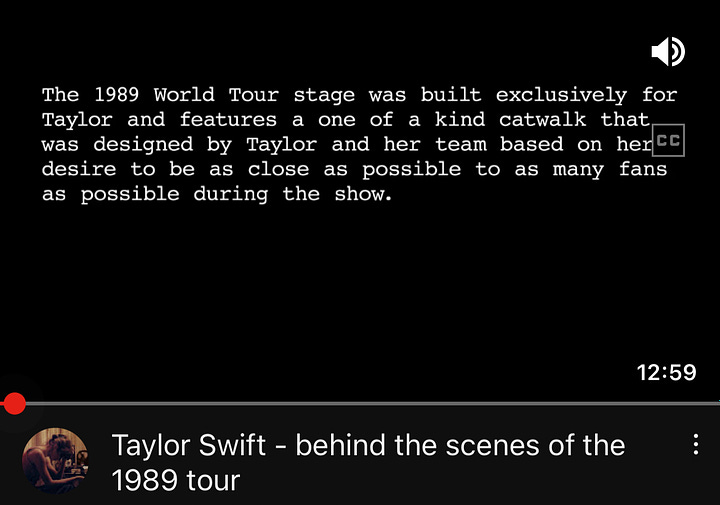 1: Screenshot of a Youtube video. The paused image from the video shows an older man in the middle of explanation, hands blurred and frozen mid-gesticulation. The title of the video at the top of the image reads: “Wanting To Be Taylor Swift or Someone Other Than You.” 2: Screenshot of a Youtube video. At the bottom of the image, the title of the video reads “Taylor Swift - behind the scenes of the 1989 tour”  The video has been paused on an image showing a black screen with white text. The text reads: “The 1989 World Tour stage was built exclusively for Taylor and features a one of a kind catwalk that was designed by Taylor and her team based on her desire to be as close as possible to as many fans as possible during the show.” 