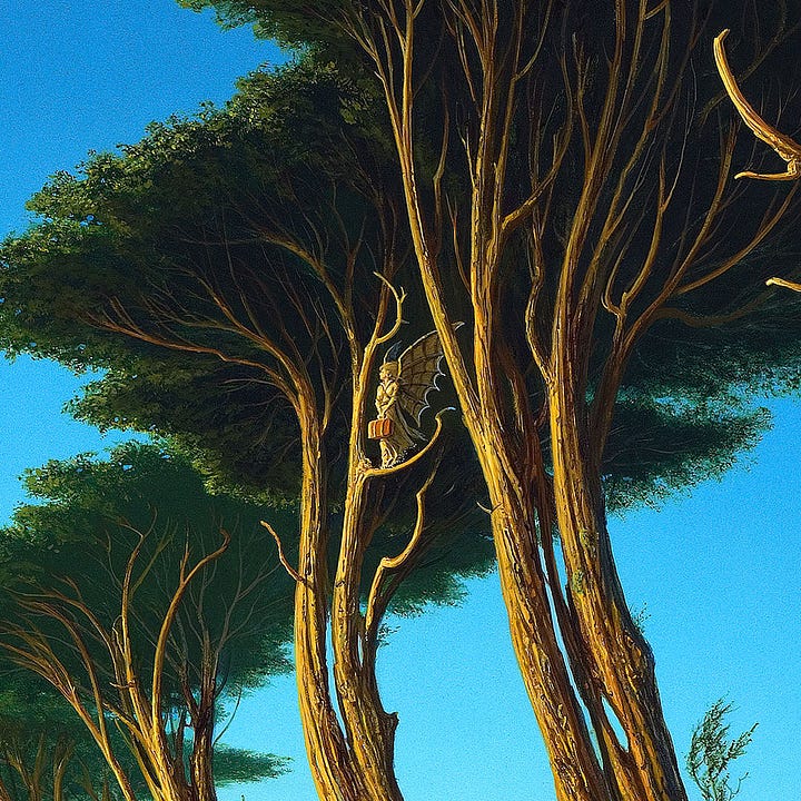 LEFT: Detail from ÉMIGRÉ featuring a winged woman standing on a branch under a canopy of trees. She holds a suitcase with both handle on the handle as she stares out to the sky. RIGHT: Close detail from ÉMIGRÉ featuring a woman in long dress standing on the branch of a tree. The wings on her back are constructed as evidenced by the web-like wooden supports that provide structure on the underside. She holds a suitcase with both hands on the handle. She stares off in the distance as if nervously looking for something.