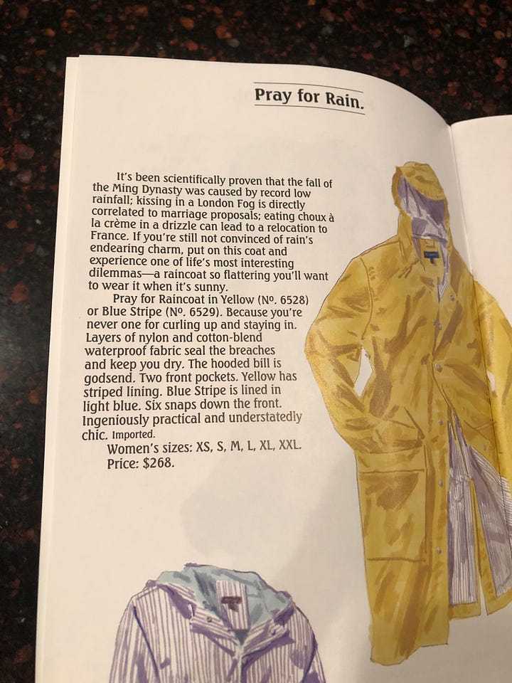 Two images of a J. Peterman Company catalog. The cover features the title "Owner's Manual No. 177 Carnival 2020," with an illustration of a bright yellow raincoat and a gardening spade. A red circle advertises "20% Off your next order. Use code CARNIVAL." The second image shows an interior page titled "Pray for Rain," with a whimsical description of the raincoat, emphasizing its flattering fit and practicality. The page includes illustrations of the raincoat in yellow and blue-striped variants, alongside details like two front pockets, waterproof material, and size options, priced at $268.