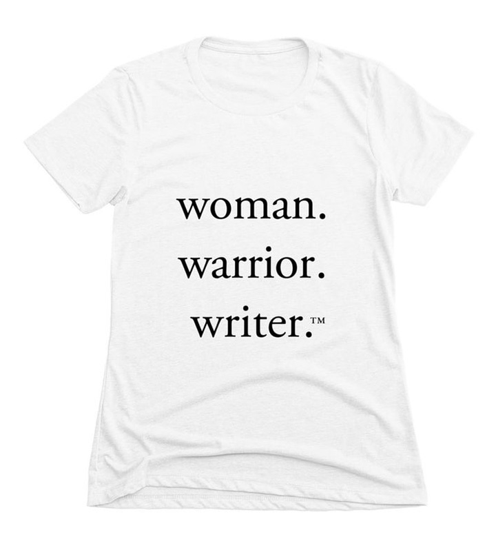 Anne Liu Kellor in a white Woman. Warrior. Writer. hoodie (left), Woman. Warrior. Writer. White T-Shirt (right)