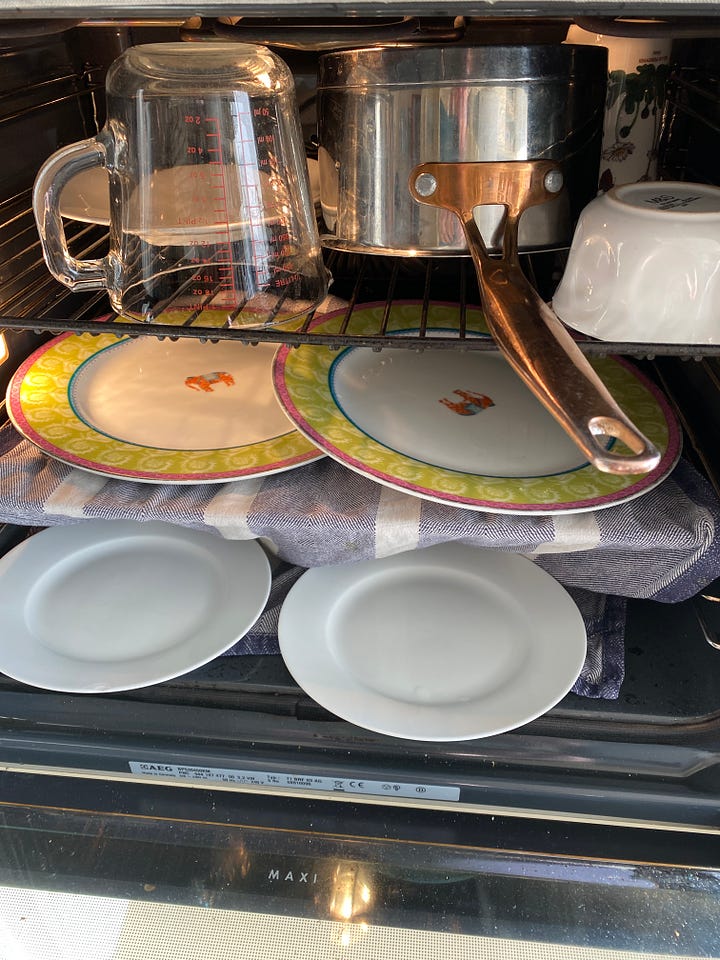 Crockery inside an oven with the door oven.