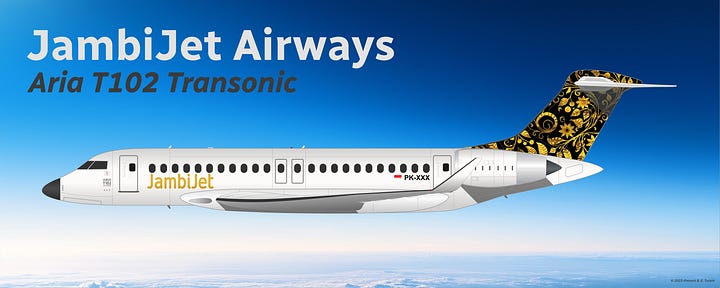JambiJet Aria T102 Transonic in example Batik livery, shown in side view while in midflight (L) and while parked on a tarmac (R).