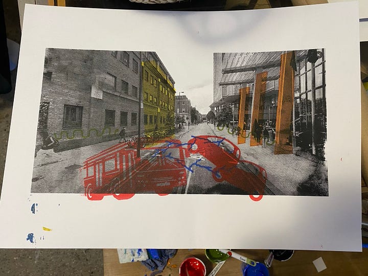 AI in the street team members screen printing their AI-in-the-streets. Scans of screen prints of two streets (Cambridge, Coventry, London)