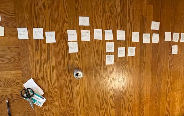 A notebook and small notecards in a pile on the floor, and then two images of the notecards arranged in a neat order across the floor