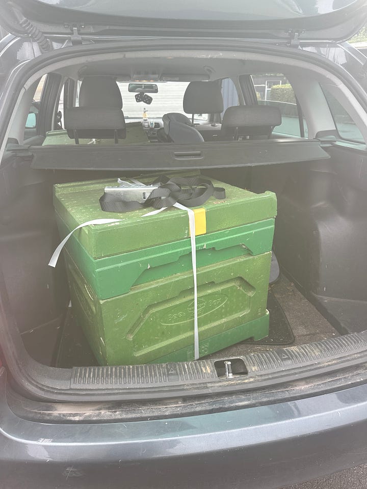 two pictures of a green beehive: one in the boot and one balanced precariously on the back seat of my car.