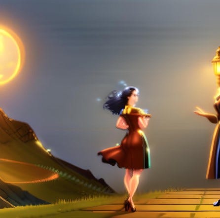 AI generated images for the prompt"Artificial agent chatting with a woman at various times of day and night and in different dresses and settings."