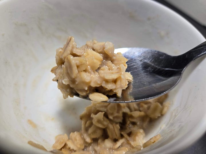 Left, cooked oatmeal in a pot.  Right, a bite of oatmeal on a spoon.