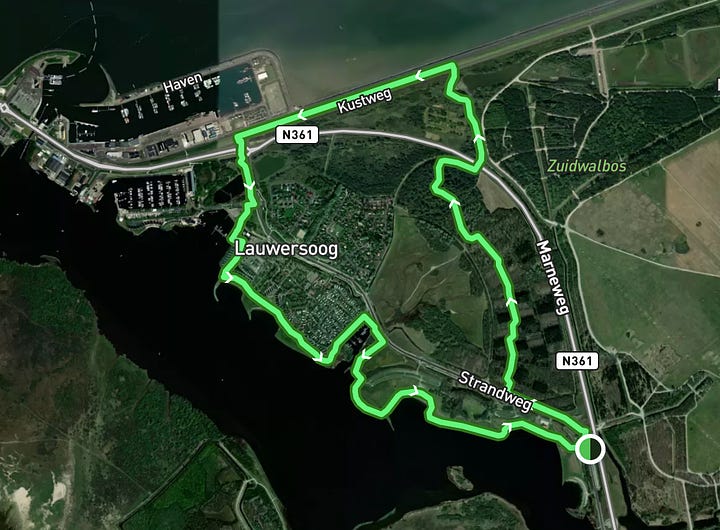 First image depicts a green view of the hiking traill along the Lauwersoog, and the second one shows the route on the map