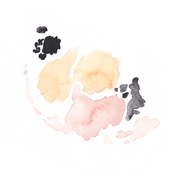 Left: Image of soft watercolor in black, gray, and salmon pink that form like archipelago, RIGHT: a larger abstract image similar to an archipelaog, with pastel colors of salmon pink and tan yellow, and black