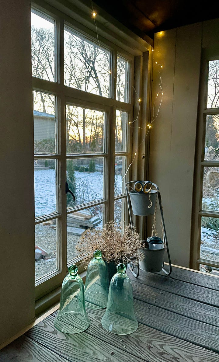 Lights in the Potting Shed, and my first winter looking out these vintage windows at our pond.