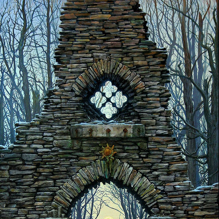 LEFT: Detail from TIME’S PASSING featuring a square window standing on point on the facade of a ruined stone structure in the woods. The arch over the window is made of thin stones while the window itself is four rounded crosses. The lintel is marked with small diamonds weeping rust. Below sits a weathered copper sun and an arched doorway. RIGHT: Detail from TIME’S PASSING featuring the arched doorway through a ruined stone structure in the wood. The trees rising on the other side of the portal of the doorway are skeletal and bare framing the moon in wintry blue sky.