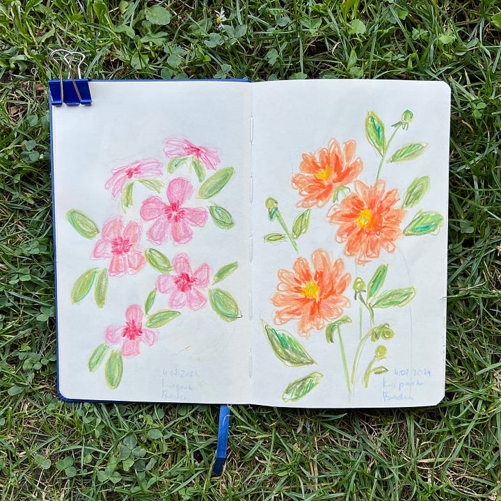 Sketchbook spreads with sketches of flowers and trees made in coloured pencils and crayons.