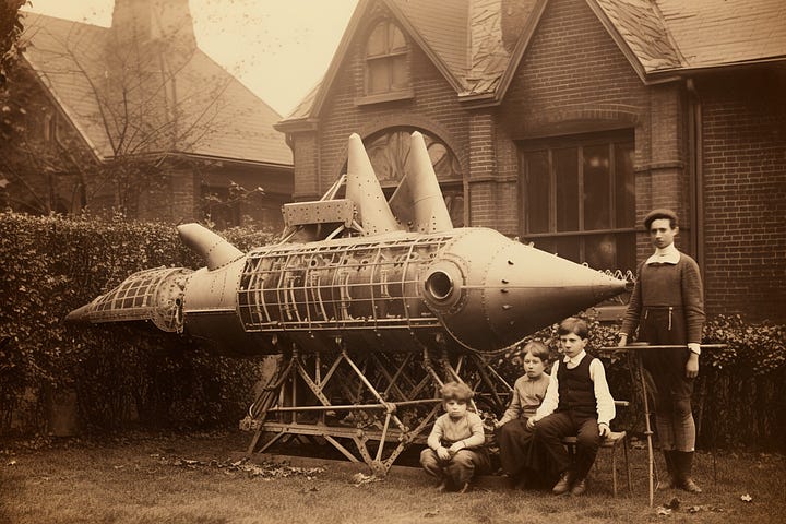 Vintage photo of a Victorian family building a spaceship, by SDXL 1.0 and Midjourney 5.2