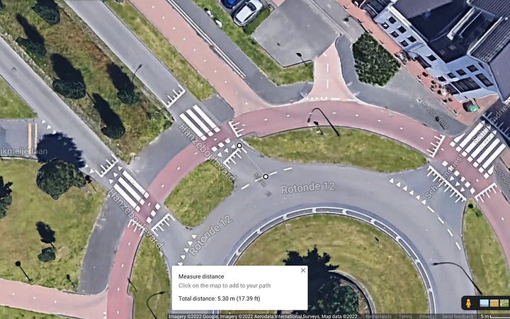 The left image shows a typical North American roundabout where crossings are almost 9 meters from the circle. The right image shows a Dutch roundabout where the crossing is 5 meters from the circle.