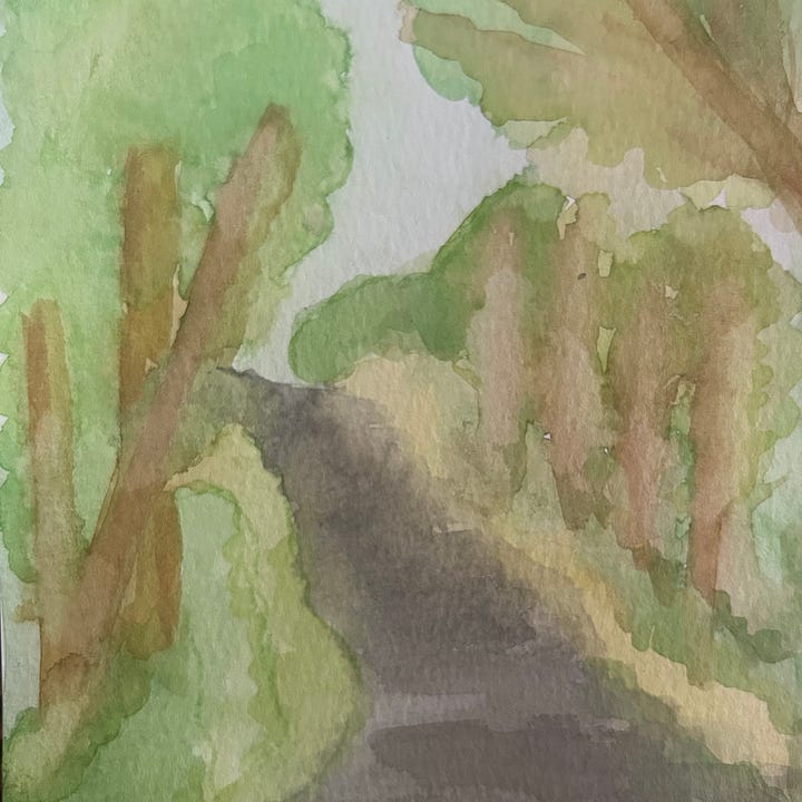 At left, Abigail Richardson uses a black pen to push a copper penny around a white piece of paper. At right, Nicole's watercolor art uses shades of green, brown, and black to recreate a tree-lined driveway.
