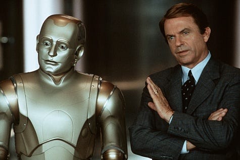 From top left, clockwise: Sam Neill in Event Horizon, Jurassic Park, In the Mouth of Madness, Bicentennial Man