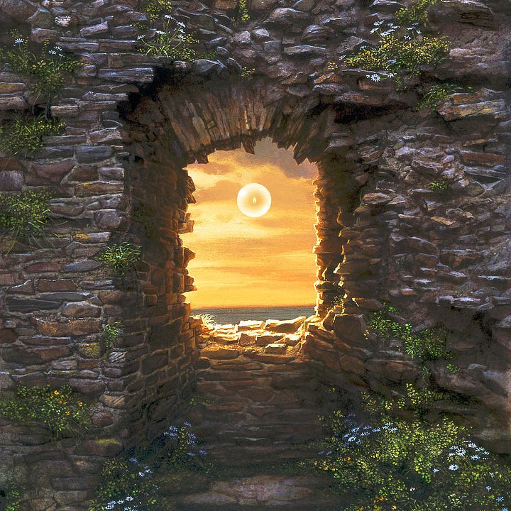 LEFT: Detail from WINDOW TO THE SUN featuring a transparent orb containing a solitary flame floating out of a stone passageway to sky saturated with golden light. The edge of the water can be seen below. Wildflowers grow on the ground and through cracks in the wall. Time has worn the uneven stones so the edges are rounded and in places melding into a single mass. RIGHT: Close detail from WINDOW TO THE SUN featuring wildflowers growing in the ruins. A break in the wall is oversaturated with golden light. A stairs lead to an opening in the wall. Their immediate edge is bright white with the direct sun. On the closer side of the wall, indirect light is creating interesting effects, making the heads of daisies look pale blue in patches. The walls are so old, the edges of the stones are rounded where they jut out.