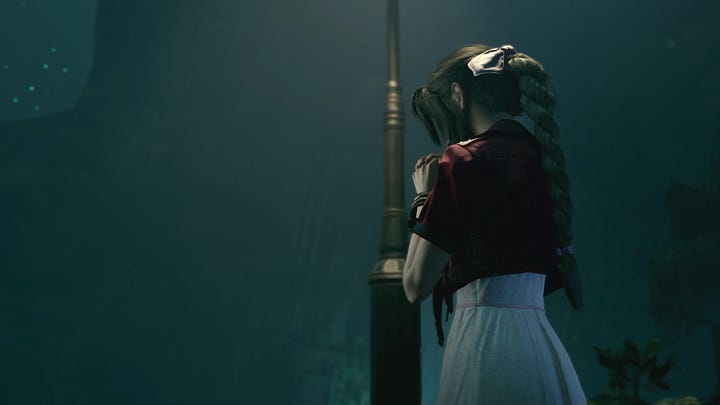 More instances of Aerith praying. Before the Whispers appear at the sector 7 train station plaza in chapter 12, before the boss battle against the Ghoul, during Aerith's resolution scene, and young Aerith when she tells Elmyra about her deceased husband in their flashback.