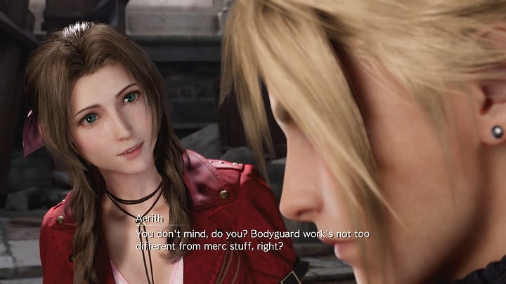 Aerith letting a detail slip which she definitely isn't supposed to know, then claims it was just a guess.