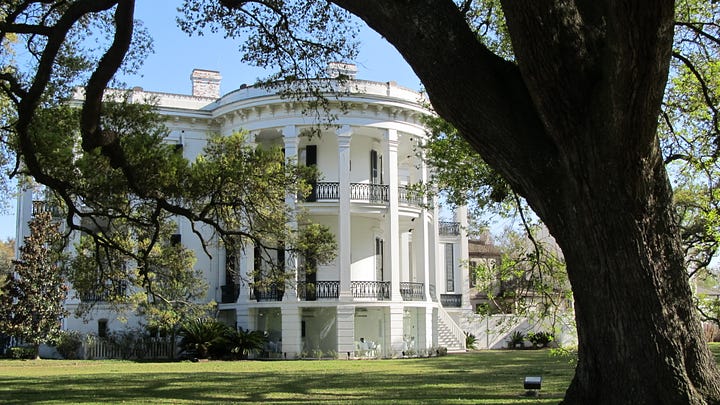 Exterior photos of Nottoway Plantation showing a 2-story white Southern Plantation house with trees in the foreground.