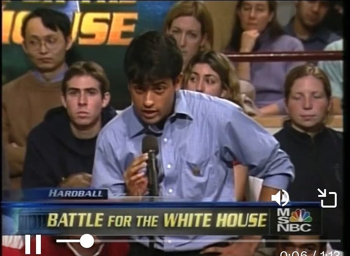 Screen captures of Pete Buttigieg, then 21, and Vivek Ramaswamy, then 18, asking questions of presidential candidates on MSNBC in 2003