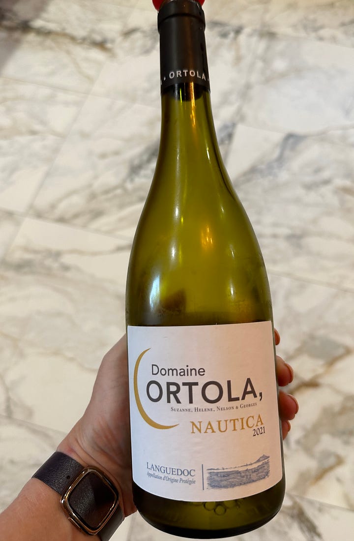 photo of green wine bottle with Domain Ortola label and photo of wine glass filled with white wine
