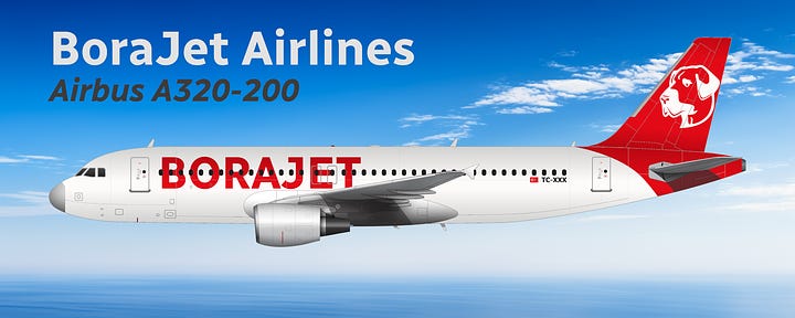 The current BoraJet fleet: 1) Airbus A321LR, 2) Airbus A320neo, 3) Aria T102 Transonic, 4) Airbus A321-200, 5) Airbus A320-200.