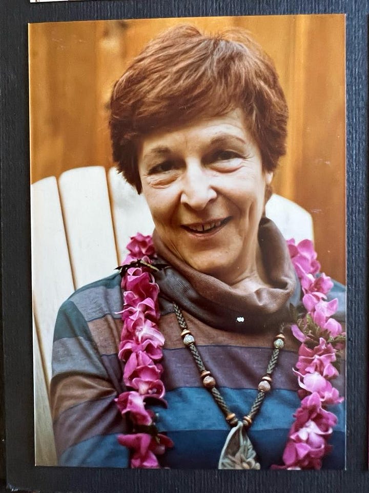 Two portraits of my grandmother, one sitting on an Adirondack chair with a pink lei, and the other walking down a leafy path wearing pink pants.