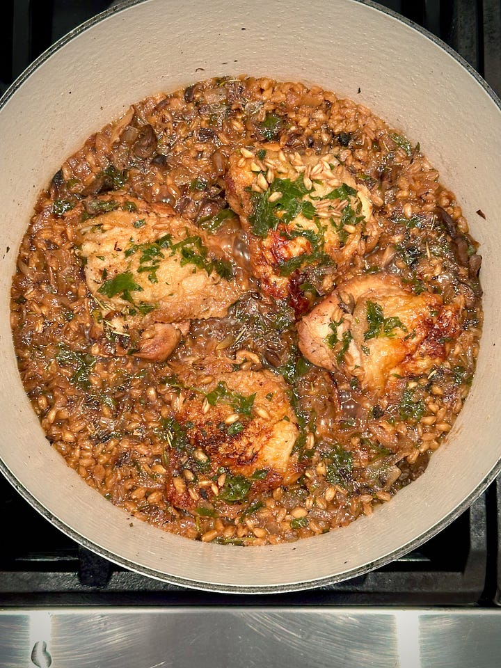 Cider-Braised Chicken with Farro and Mushrooms