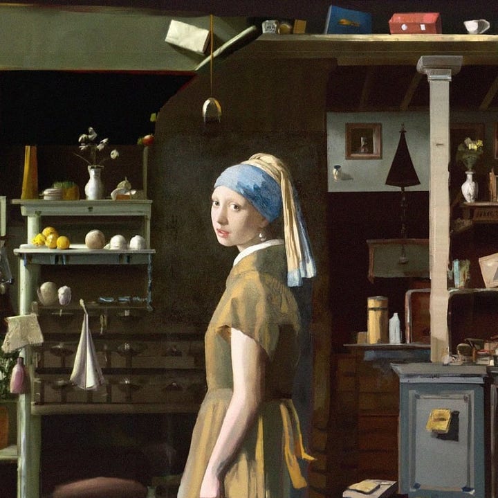 First image, the original "Girl with a Pearl Earring by Johannes Vermeer" and the second, the Image used by DALL-E to illustrate outpainting. OpenAI’s caption: “Illustration: August Kamp × DALL·E, outpainted from Girl with a Pearl Earring by Johannes Vermeer”