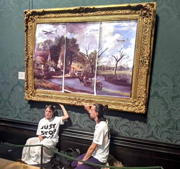 Left: John Constable, The Hay Wain (1821). Right: Two protesters glued onto the frame of The Hay Wain at the National Gallery in London