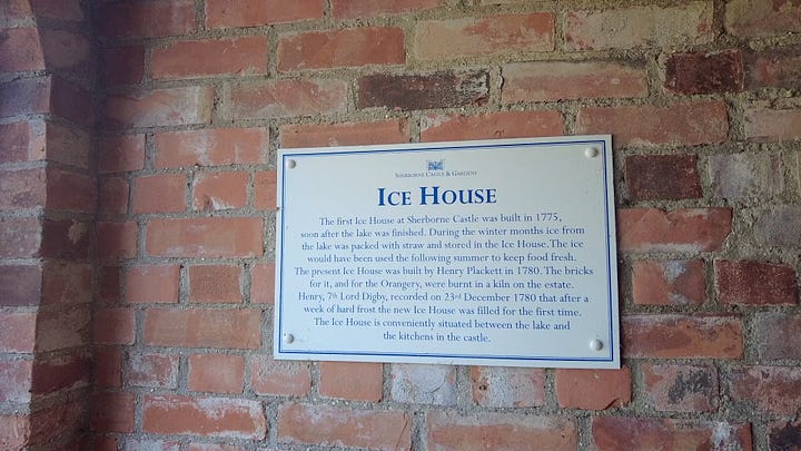 Four photos. The game larders and ice house at Sherborne Castle and Gardens. The sign tells us more about the ice house. There are gratings over the steep drop into the bottom of the ice house where the ice was stored. Images: Roland's Travels