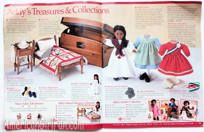 Addy's pages from a 1997 issue of the American Girl Catalogue featuring Addy's attire when for escaping slavery, Addy's clothes for school, Addy's Christmas outfit, and Addy's bedroom, night gown and other accessories.
