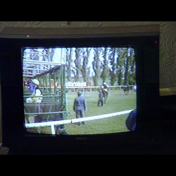 Left: horse racing on Onslow's telly. Right: the same horse racing footage, full frame.