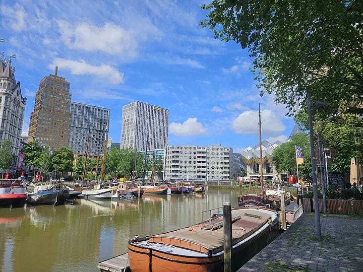 Rotterdam has many unique architectural buildings visible from the waterfront. 