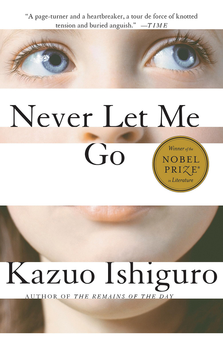 First picture is the cover of "Little Thieves" by Margaret Owen, featuring a red figure behind the title of the book and with a white pearl necklace on, face downcast and in shadows backed by two blue figures facing left and right and a deer skull with red eyes in the center. Second picture is the cover of "Never Let Me Go" by Kazuo Ishiguro which features a fair-skinned and blue eyed child looking off camera with their face cut up by white blocks that hold the title text.