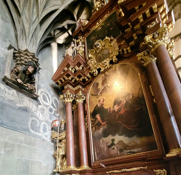 Photos of the exterior and interior of the Stephansdom, a 14th century Gothic cathedral in Vienna.