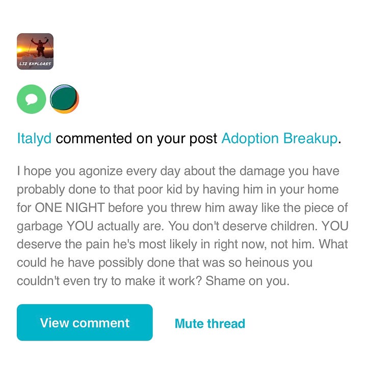 Screenshots of hateful replies to my essay, “Adoption Breakup.”