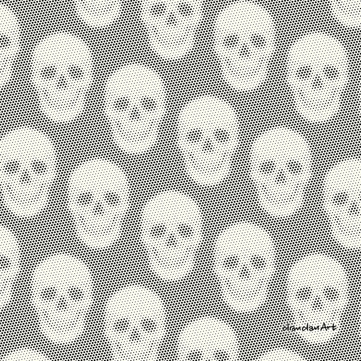 Halftone pattern of repeating skulls, from a distance and close-up