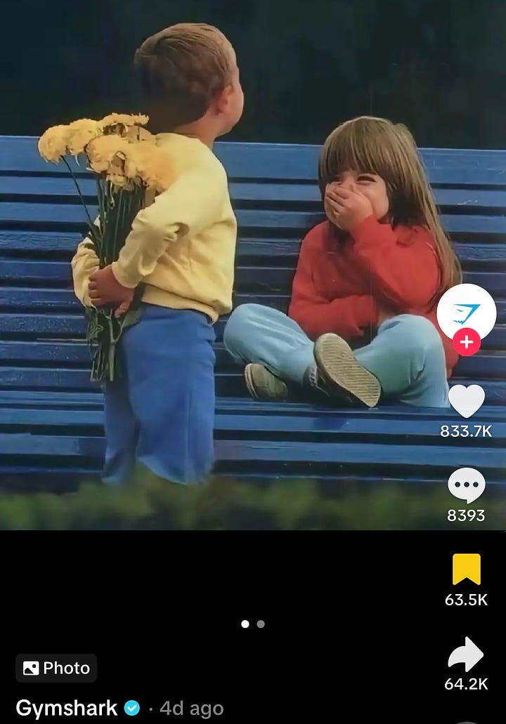 first image is of a little boy holding flowers behind his back for a little girl, and second photo is of adults and the woman is holding workout powders behind her back for the man 
