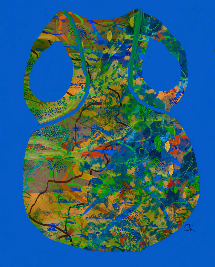 Two related paintings by Sherry Killam Arts, abstract marks of bold blues, greens, and oranges, the second one using negative space to highlight a vase.