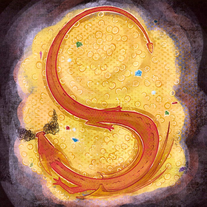 Illustrations of A dragon and a secret door from ‘The Hobbit’.