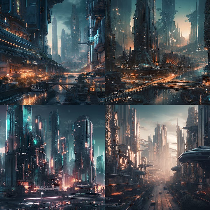 Results for "futuristic cityscape" in the top left. The other 3 images add "in hand-drawn sketch style," "in Mondrian style," and "in ukiyo-e style," respectively.